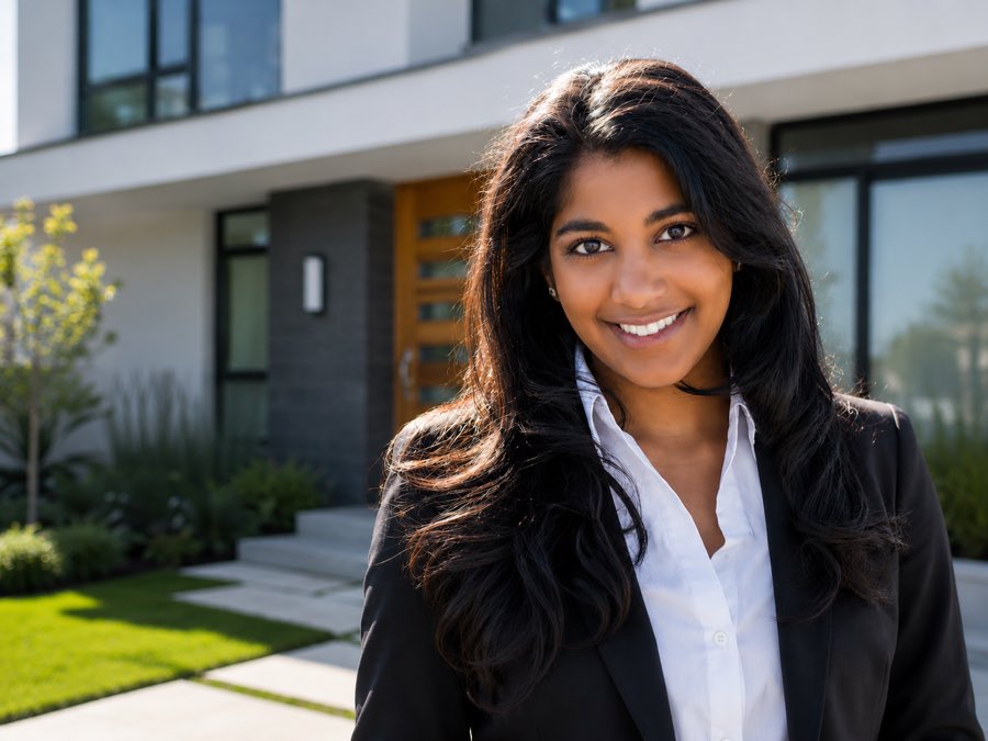 Real estate agent in front of a listed home
